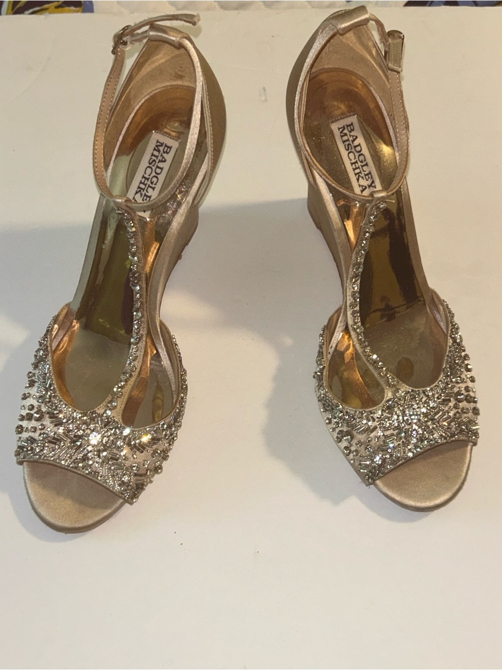 Badgley Mischka Gold Crystal T-Strap Wedge Sandals